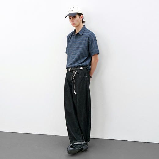 714street复古棉麻蓝色格子短袖衬衫男2026夏季宽松落肩美式衬衣 商品图3