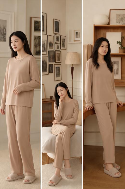 【莫代尔丝滑软糯睡衣套装】女春秋季新款休闲简约纯色长袖舒适透气家居服套装 商品图2