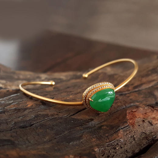 【天然正品】A货翡翠AU750黄金镶钻镶天然细腻满绿冰种水滴蛋面造型翡翠开口手镯56号131125AH14 商品图4