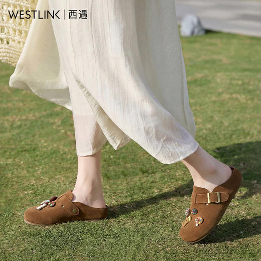 西遇厚底勃肯鞋半拖女2026春季新款包头拖鞋一脚蹬单鞋外穿懒人鞋V0166258 商品图2