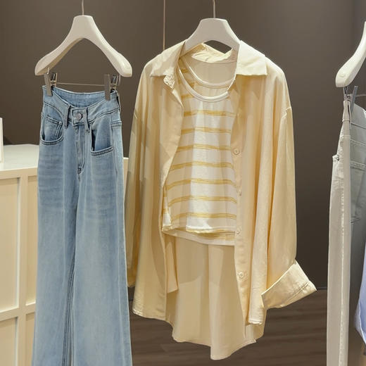 法式小众翻领衬衫 女夏季设计感洋气两件套显瘦衬衣 防晒开衫配吊带两件套 商品图1