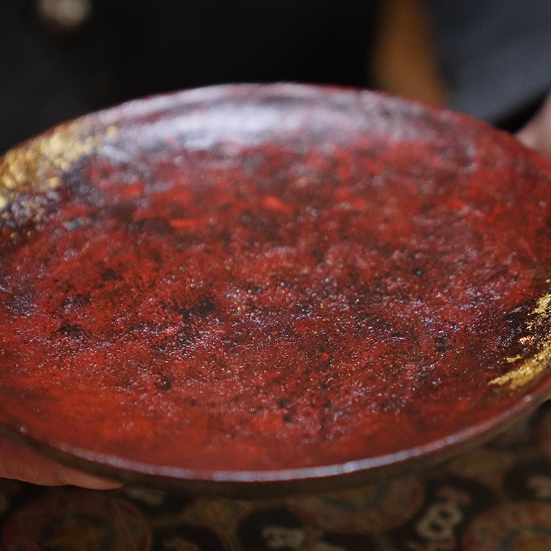 【绛霞金缕大漆肌理圈足盘】金箔茶器承盘