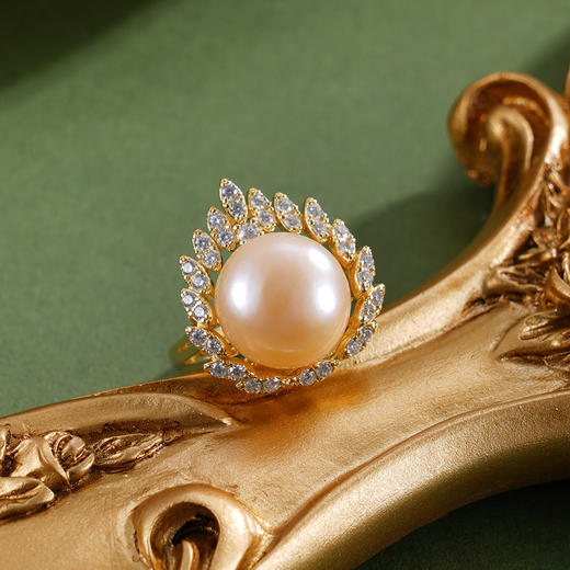 子佩集【灼灼芳华】银S925珍珠惜王妃戒指【R1702】12mm珠镀金火焰金色珠2601 商品图0