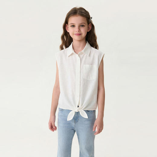 马克珍妮松弛假日女童棉麻扭结衬衫2026年夏装新款560592 商品图1