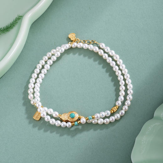 子佩集【福禄灵韵】银S925珍珠惜王妃手链【QNS0002】3mm珠镀金绿松石葫芦2601 商品图0