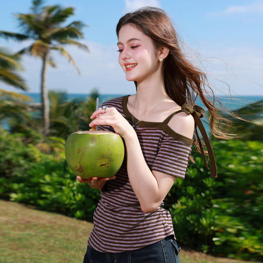 三彩独醒2026夏季新款复古斜肩条纹T恤甜辣收腰修身套头衫上衣F 商品图2