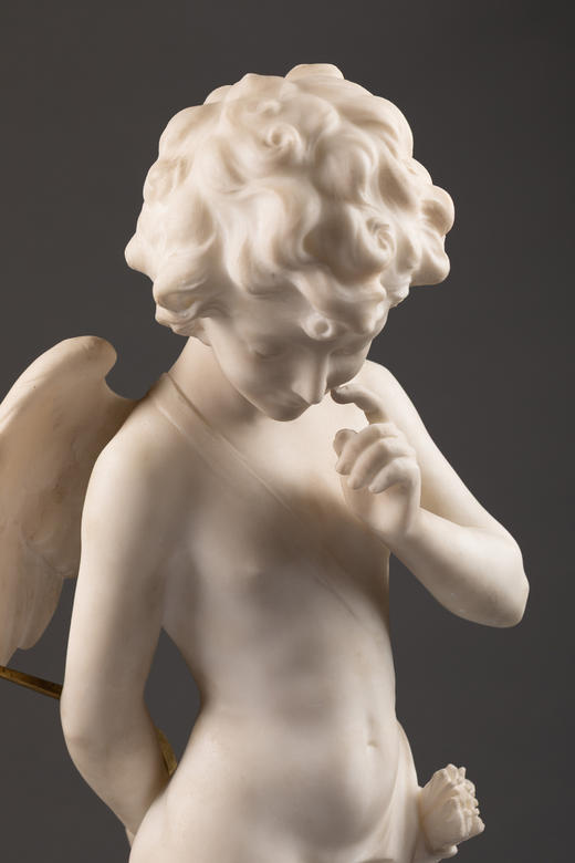 独角鹿西洋古董1907年法国雕塑家E. Thivier签名白色大理石精雕人物雕塑《沉思的小爱神》 商品图4