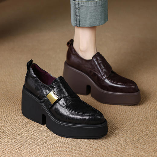 【预售5天】真皮厚底尖头英伦小皮鞋女新款高跟粗跟松糕底增高魔术贴单鞋MWLR&WW9919 商品图0