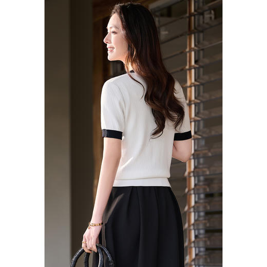 米思阳2026春夏新款撞色V领小香针织开衫女夏季复古短袖针织衫T恤女6076 商品图3