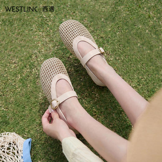 西遇镂空编织玛丽珍鞋女2026春夏季新款一字扣平底透气通勤单鞋子V0566354 商品图1