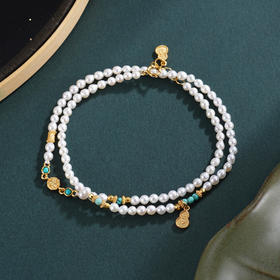 子佩集【福禄双华】银S925珍珠惜王妃手链【QNS0006】3mm珠镀金绿松石葫芦2601