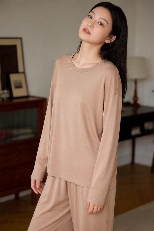 【莫代尔丝滑软糯睡衣套装】女春秋季新款休闲简约纯色长袖舒适透气家居服套装 商品图0