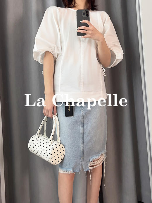 专柜实拍【商场同款！】拉夏贝尔/La Chapelle极简圆领泡泡袖抽绳后背拉链全棉短袖衬衣百搭纯色上衣 商品图3