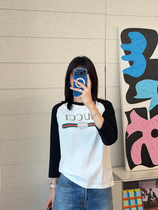 古驰 黑白撞色复古织带印花短袖T恤 商品图6