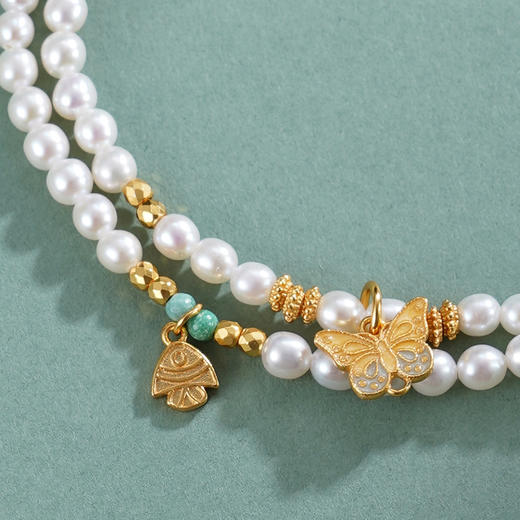 子佩集【灵狐面具】银S925珍珠惜王妃手链【QNS0022-3】3mm珠镀金绿松石蝴蝶2601 商品图3