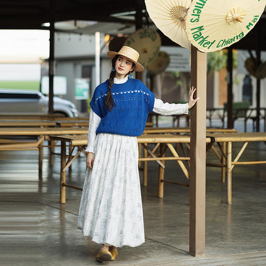 绽放149朵/织蓝*纯羊毛圆领毛织镂空绞花背心女宽松百搭针织马甲 商品图2