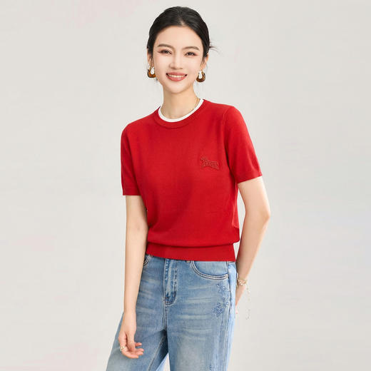 「高货wl」全新升级【铂金会员174/天猫229/差价55】(02328)洛诗琳美丽诺羊毛假两件针织T恤2026春夏小马钉珠短袖上衣 商品图0