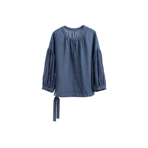 绽放123朵/色织亚麻拼接半开襟T恤女上衣下摆可系带旅行文艺小衫 商品图4