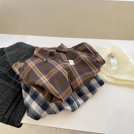 高质感双层棉纱复古格衬衫 春夏季慵懒风宽松显瘦防晒长袖衬衣 休闲风薄外套 商品图2