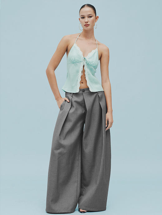 TR她热 尼斯日光 薄荷绿铜氨丝蕾丝拼接度假感露背挂脖系带背心吊带 商品图0