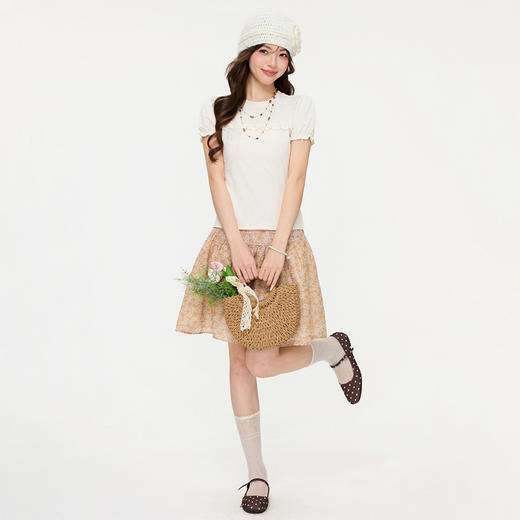 西遇复古拼接荷叶边蝴蝶结短袖T恤女2026夏新款蕾丝修身显瘦上衣SS060251 商品图1