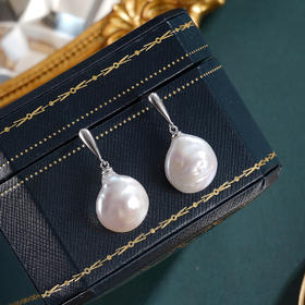 子佩集【月汐留痕】银S925珍珠惜王妃耳钉【W5320】13-14.5mm珠双色巴洛克扁珠2601