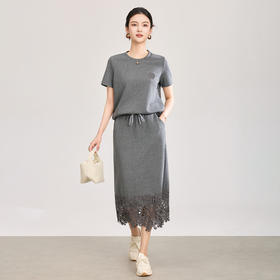 「高货wl」全新升级【铂金会员293/天猫389/差价96】(99232)洛诗琳2026新款气质山茶花烫钻短袖上衣蕾丝拼接半裙两件套