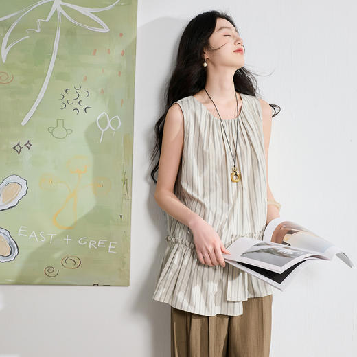 【100棉】三彩2026夏季新款条纹小衫圆领无袖上衣通勤S 商品图2