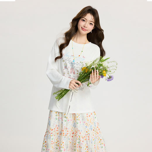 西遇甜美风卡通印花长袖T恤女2026年春季新款圆领宽松百搭上衣SS060248 商品图3