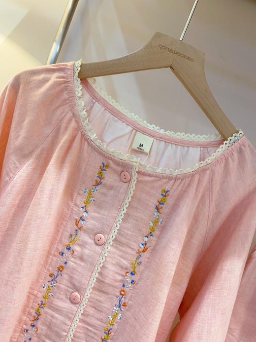 松植屋《织花》女士圆领蕾丝边小刺绣全棉双层纱布长袖长裤睡衣家居服套装 商品图2