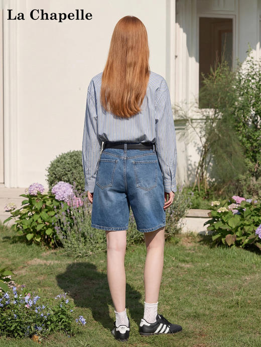 天猫同步【慵懒气质~】拉夏贝尔/La Chapelle撞色翻领竖条纹设计单口袋纯棉刺绣衬衫百搭通勤风上衣 商品图4