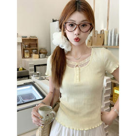 <曾小咸推荐>韩系短款花边拼蕾丝短袖t恤