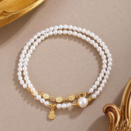 子佩集【天赐福缘】银S925珍珠惜王妃手链【QNS0012】3mm珠镀金葫芦金币2601 商品图0