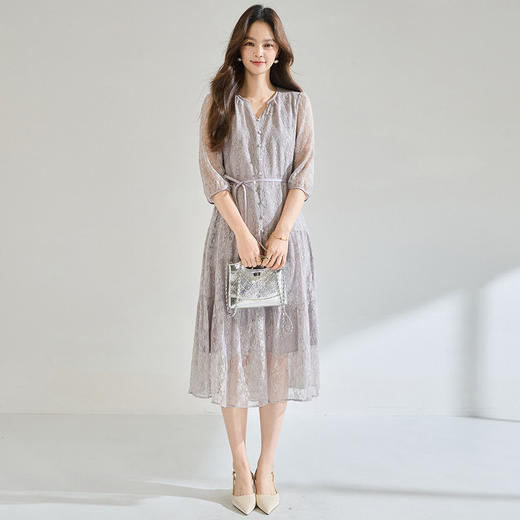 「高货sh」全新升级【铂金会员367/天猫489/差价122】(04247)洛诗琳2026春夏新款优雅法式亮片蕾丝7分袖收腰蛋糕连衣裙 商品图4