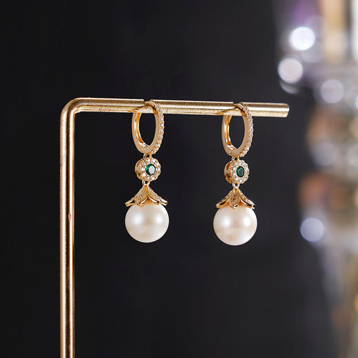 子佩集【缪斯华章】银S925珍珠惜王妃耳环【YE0966】9mm珠绿镀金圆圈扣环2601 商品图0