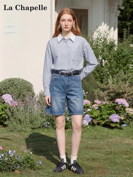天猫同步【慵懒气质~】拉夏贝尔/La Chapelle撞色翻领竖条纹设计单口袋纯棉刺绣衬衫百搭通勤风上衣 商品图3