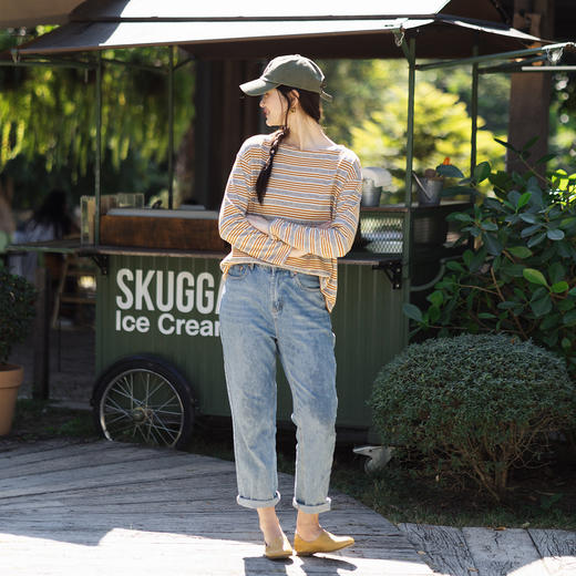 特绽放140朵/一字T*汉麻棉一字肩条纹长袖打底T恤女新款宽松上衣 商品图2