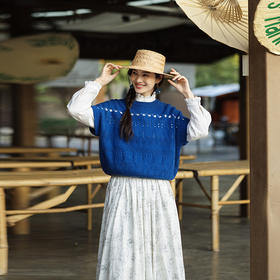 绽放149朵/织蓝*纯羊毛圆领毛织镂空绞花背心女宽松百搭针织马甲
