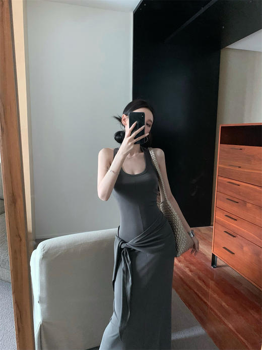 设计款裙子 春夏连衣裙配腰带 遮肚子辣妹U领修身显瘦工字背心长裙 吊带裙 商品图4