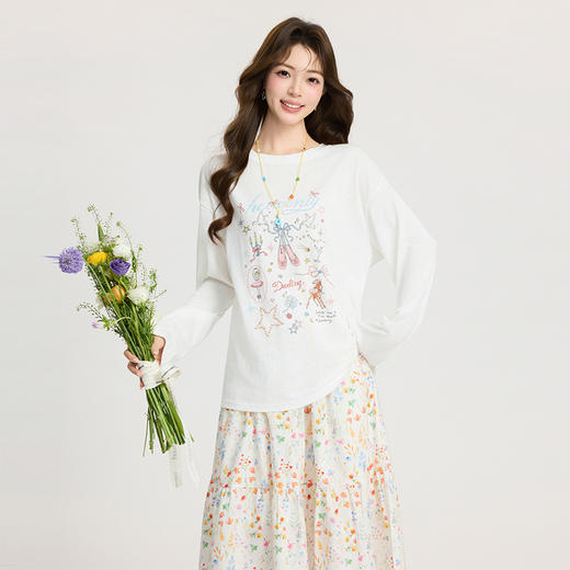 西遇甜美风卡通印花长袖T恤女2026年春季新款圆领宽松百搭上衣SS060248 商品图0
