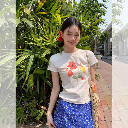西遇花束图案印花短袖T恤女2026年夏季新款圆领正肩短款白色上衣SS060255 商品图0