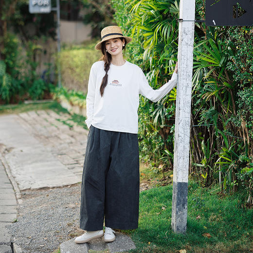 绽放169朵/脏染裤*春季纯棉阔腿裤全腰松紧复古松弛感百搭休闲裤 商品图2