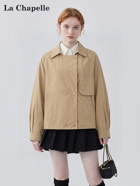 天猫同步【韩系松弛感】拉夏贝尔/La Chapelle莱赛尔+棉！敲重磅翻领双排扣百搭短款风衣日常通勤外套