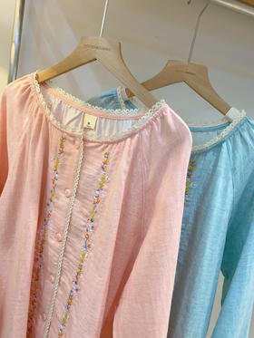 松植屋《织花》女士圆领蕾丝边小刺绣全棉双层纱布长袖长裤睡衣家居服套装