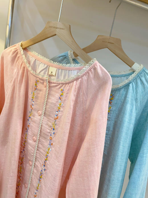 松植屋《织花》女士圆领蕾丝边小刺绣全棉双层纱布长袖长裤睡衣家居服套装 商品图0