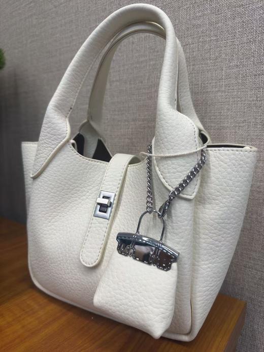 荔枝纹牛皮菜篮子包（白 大象灰） 商品图4