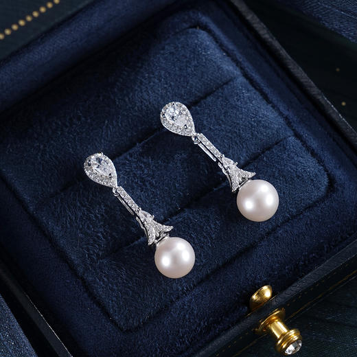 子佩集【闪亮轨迹】银S925珍珠惜王妃耳钉【E4053】7.5mm珠双色水滴吊球2601 商品图1