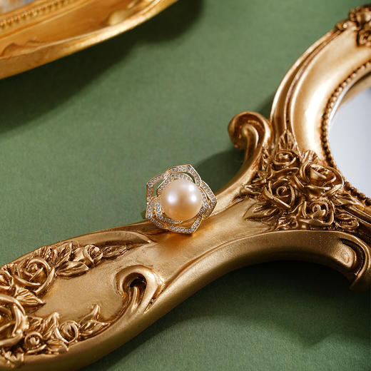 子佩集【玫瑰往事】银S925珍珠惜王妃戒指【YR0068B】10.5mm珠镀金花朵金色珠2601 商品图1