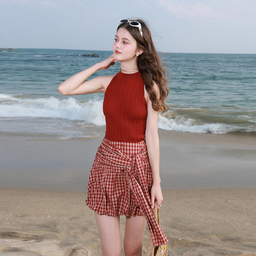 三彩独醒2026夏季新款无袖绞花修身针织衫挂脖半高领毛衫套头F 商品图2