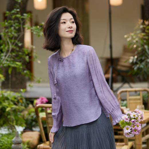 西子/梦里花桑蚕丝交织桑波缎盘扣紫色气质上衣/SYTJ1039 商品图4